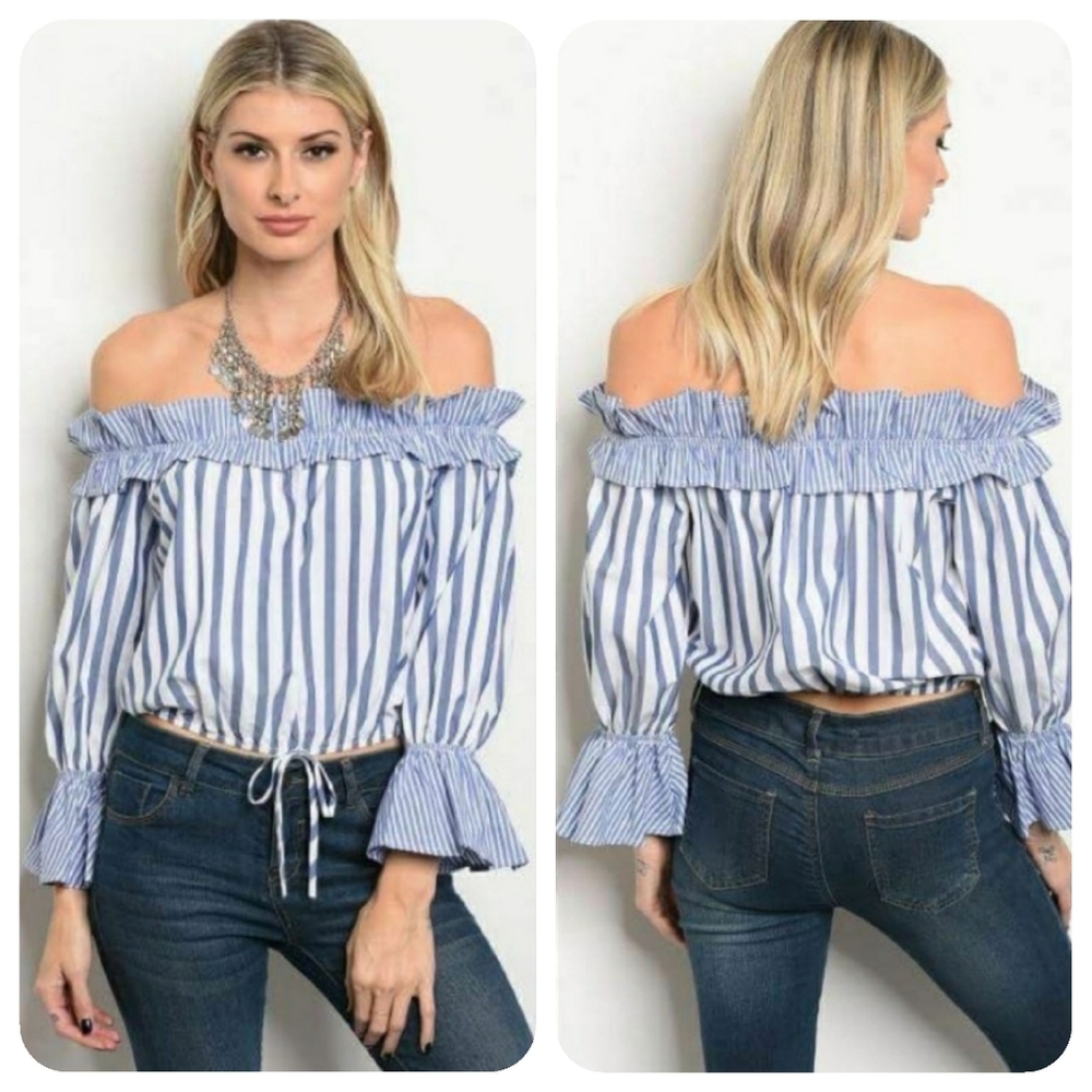 WHITE BLUE STRIPES OFF SHOULDER TOP